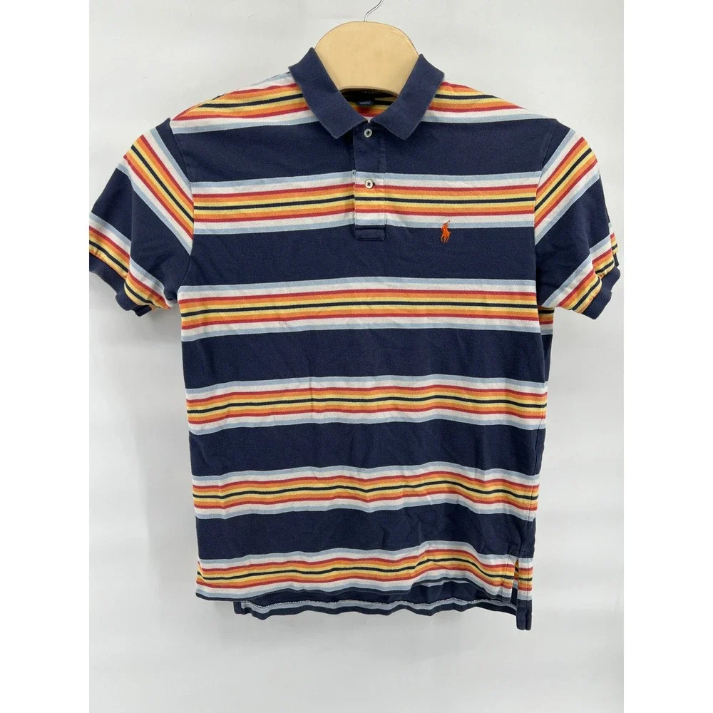 Polo Ralph Lauren Mens Large Navy Blue Multi Color Striped Cotton Polo Shirt L